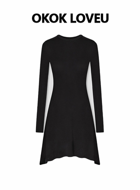 OKOK LOVEU【法式优雅】莱赛尔混纺不规则黑色圆领连衣裙女百搭款