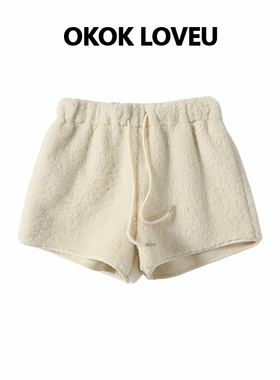 OKOKLOVEU 白色仿羊羔绒短裤女25秋冬季高腰毛绒保暖靴裤外穿裤子