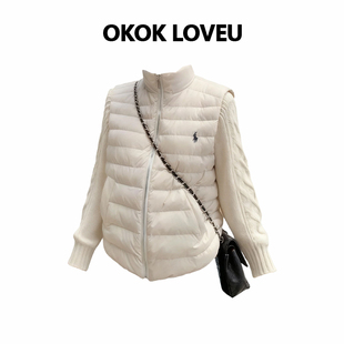 OKOKLOVEU 小香风小马刺绣针织拼接短款棉服外套女2025冬季新款