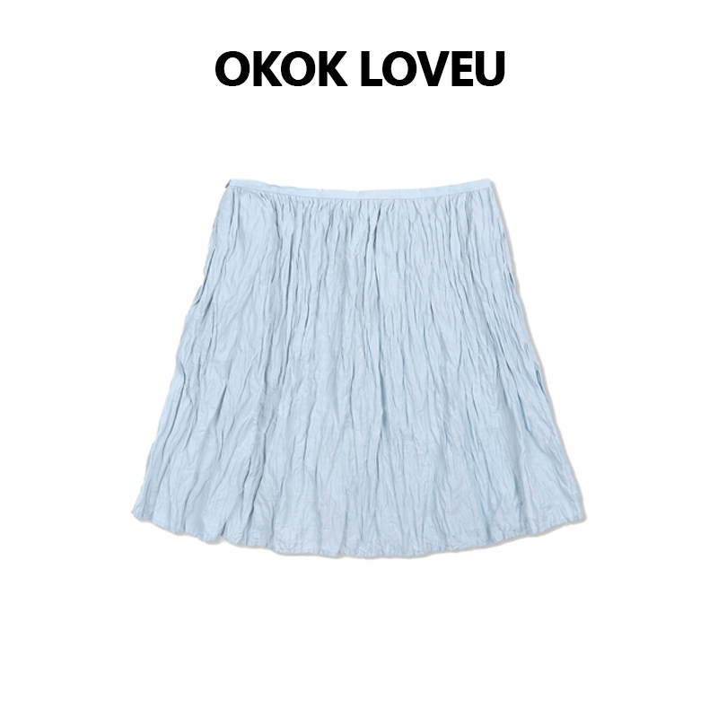OKOK LOVEU【松弛灵动】浅蓝色褶皱半身裙女低腰简约气质百搭短裙