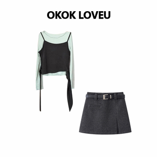 两件套女毛呢a字半身裙质感套装 韩系小众叠穿背心长袖 LOVEU OKOK