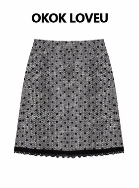 OKOKLOVEU【格雷小姐】小香风波点蕾丝法式优雅轻奢风高腰半身裙
