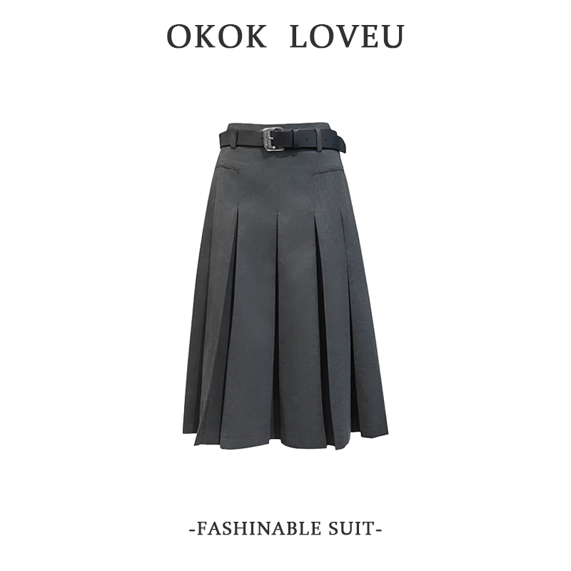 学院风灰色毛呢百褶半身裙女秋冬