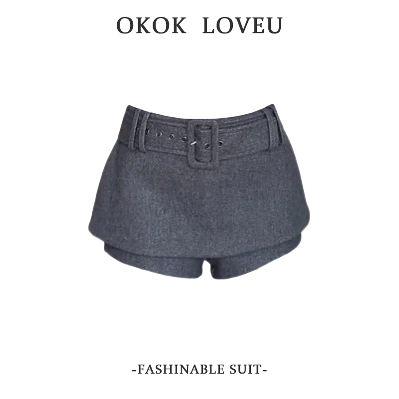 灰色高腰毛呢设计感裙裤女秋冬