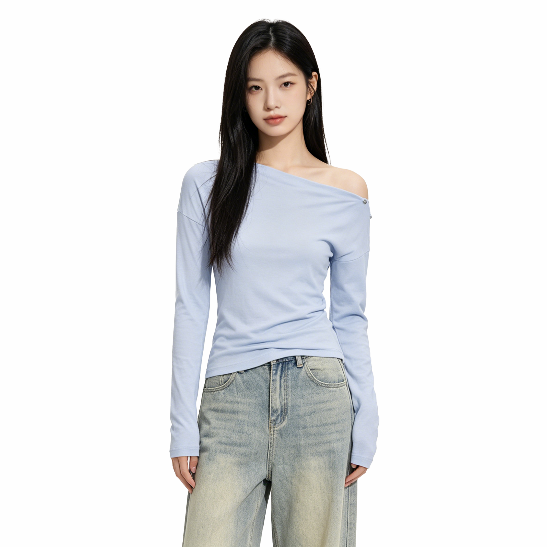 OKOK LOVEU 长袖休闲上衣T恤宽松露肩蓝色2026年春季时尚简约女装