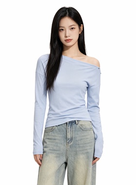 OKOK LOVEU 长袖休闲上衣T恤宽松露肩蓝色2026年春季时尚简约女装