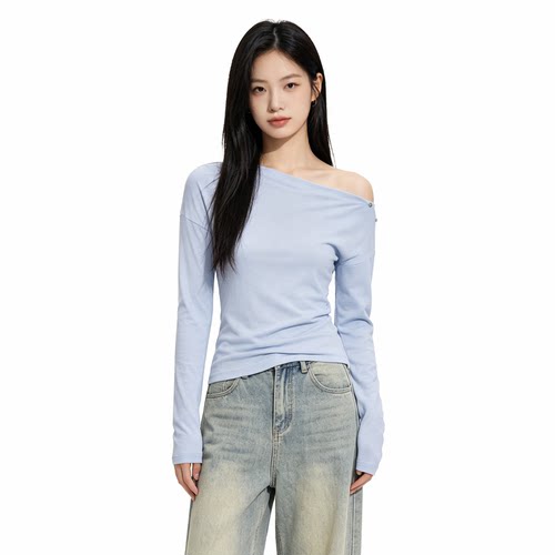 OKOK LOVEU 长袖休闲上衣T恤宽松露肩蓝色2026年春季时尚简约女装