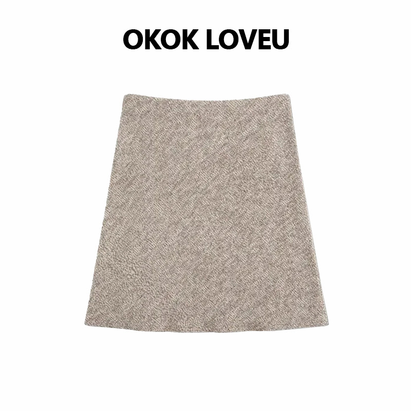 OKOK LOVEU“简约老钱”针织A字半身裙女中腰短裙静奢风米色裙子