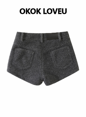 OKOKLOVEU 高级感灰色直筒加厚毛呢休闲短裤女秋冬季外穿修身裤子