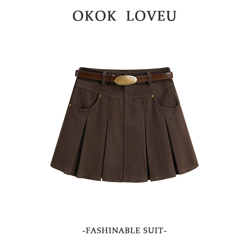 辣妹咖色毛呢百褶裙女2025秋冬款