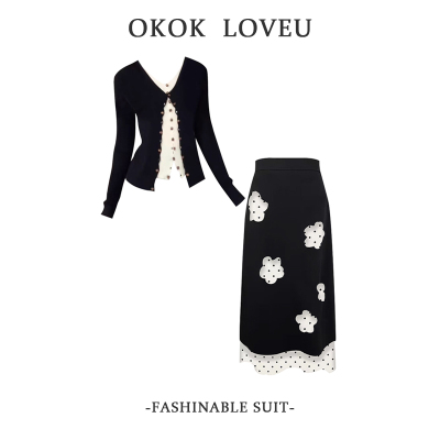 韩系两件套黑色V领针织开衫