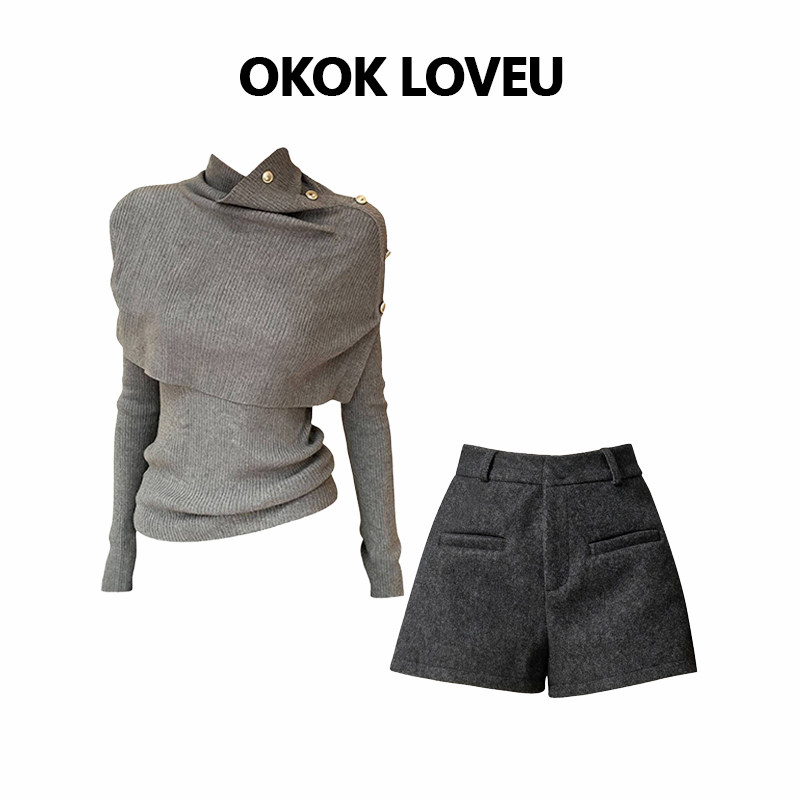 OKOK LOVEU老钱风高领针织衫毛呢短裤灰色两件套女气质高级感套装,女装/女士精品,时尚套装,淘宝优惠券,粉丝福利购,淘宝优惠卷