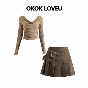 套装 OKOK t恤百褶短裙女搭配显瘦时尚 美拉德复古咖色长袖 LOVEU