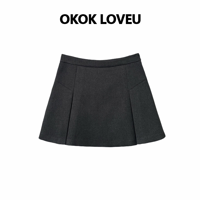 【OKOK LOVEU】简约百褶裙高腰a字半身裙显瘦灰色西装短裙春款女