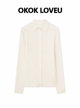 OKOK LOVEU“欧式简调”气质翻领白色针织衬衫单排扣设计修身上衣