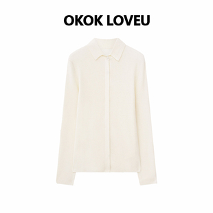 LOVEU 单排扣设计修身 欧式 气质翻领白色针织衬衫 上衣 简调 OKOK
