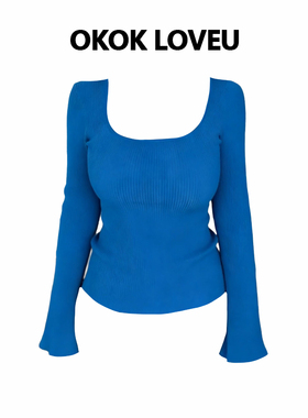 OKOK LOVEU【顶流修容衣】克莱因蓝方领掐腰长袖针织衫女打底上衣