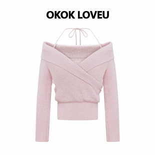 一枝南南同款粉色挂脖露肩毛衣女秋冬温柔风甜美内搭毛针织衫上衣