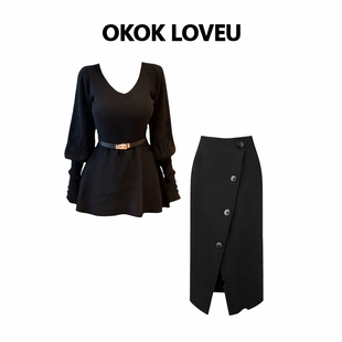 OKOK LOVEU【浮日广场】黑色V领收腰针织衫开叉半身裙女时尚套装