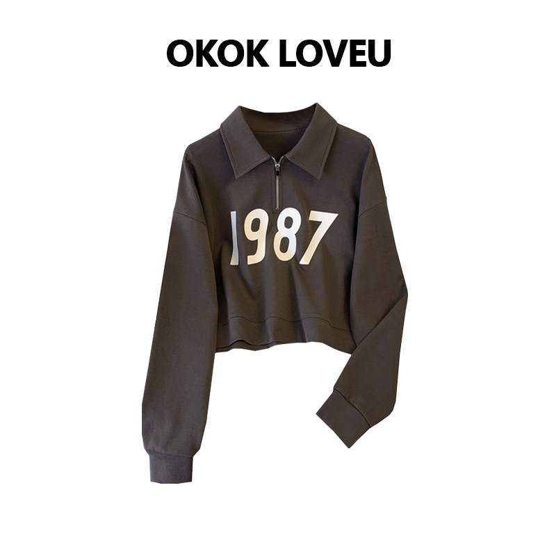 美式复古运动风数字印花半拉链翻领休闲卫衣女春秋季宽松短款上衣