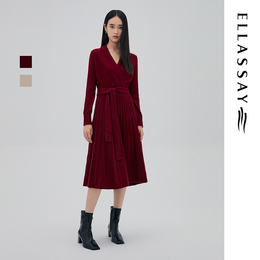 ELLASSAY歌力思冬季新款腰带装饰交叠领山羊绒连衣裙EWE204M04700