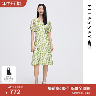 ELLASSAY歌力思2023春季 V领印花连衣裙女EWD341Y04300 法式 新款