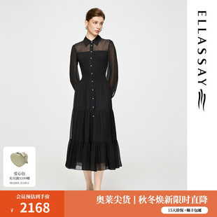 歌力思奥莱2025早秋新款 连衣裙女EWD363Y02800 气质黑色雪纺长袖