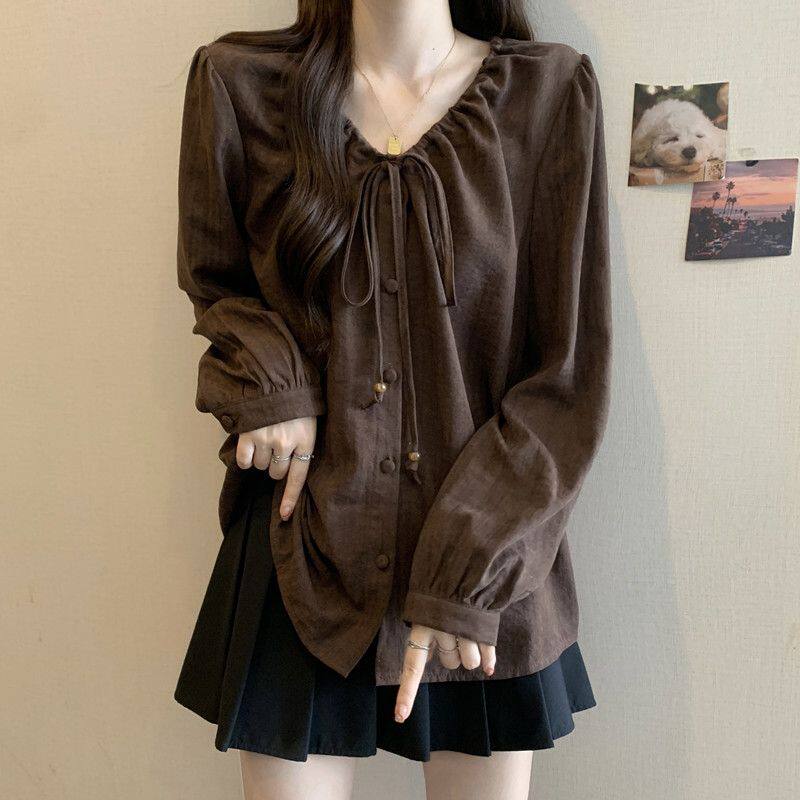 大码女装法式遮肚子遮肉长袖打底衫女春秋胖妹妹显瘦V领正肩上衣