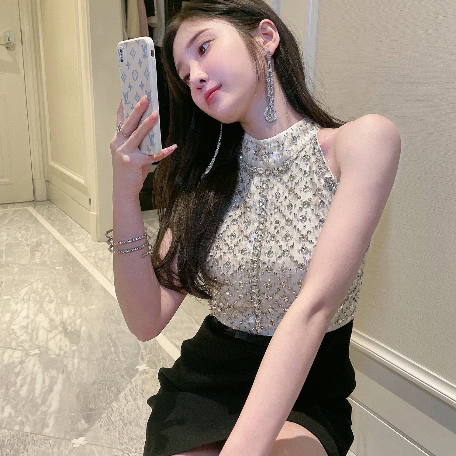 高定轻奢22春夏新缪miu宴会礼服挂脖钻名媛订婚生日连衣裙女