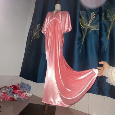 男女欧美性感深V领大露背丝滑弹力睡裙冰丝绸收腰气质显瘦连衣裙