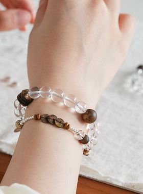 天然白水晶手串搭配沉香木珠手链