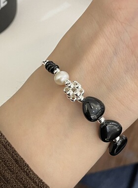 天然淡水珍珠黑玛瑙银珠手链