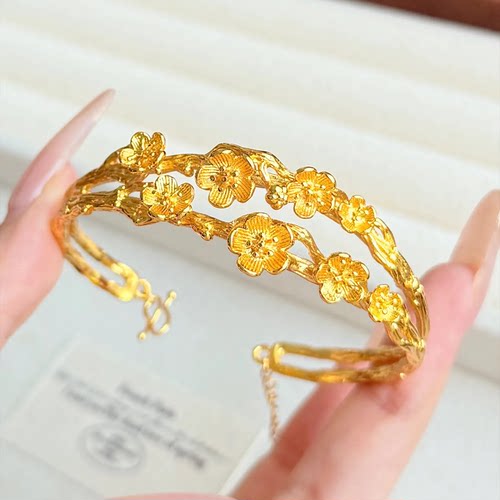 双层桃花枝手镯古法鎏金