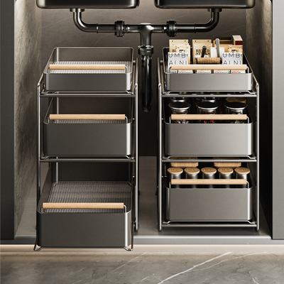 【木把手抽屉】抽拉式置物架