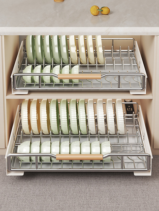 Kitchen Dish Storage Rack, Pull-Out Dish Basket, Drawer-Type Storage Rack, Drainable Pull-Out Dish Basket in the Cabinet, Built-In Dish Rack