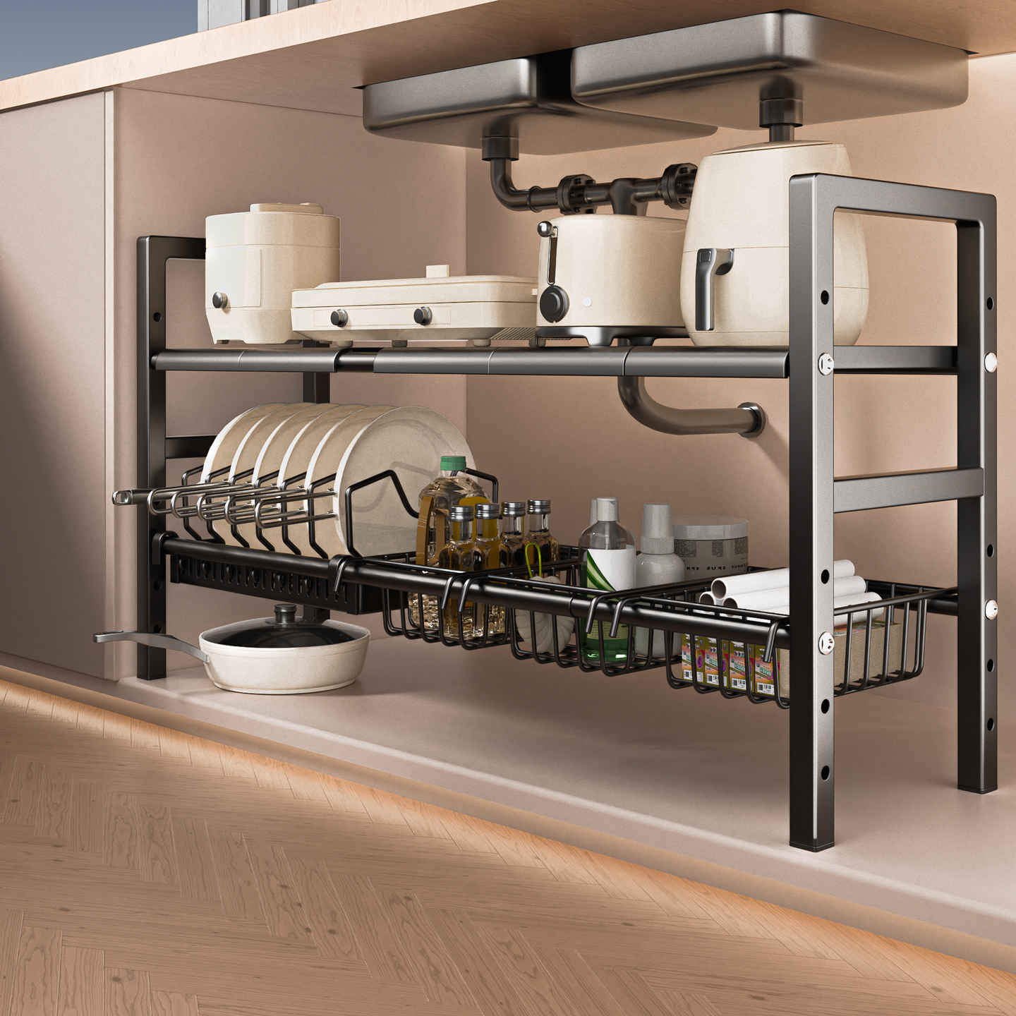 可伸缩厨房下水槽置物架橱柜内锅具锅盖架多层柜子分层锅具收纳架