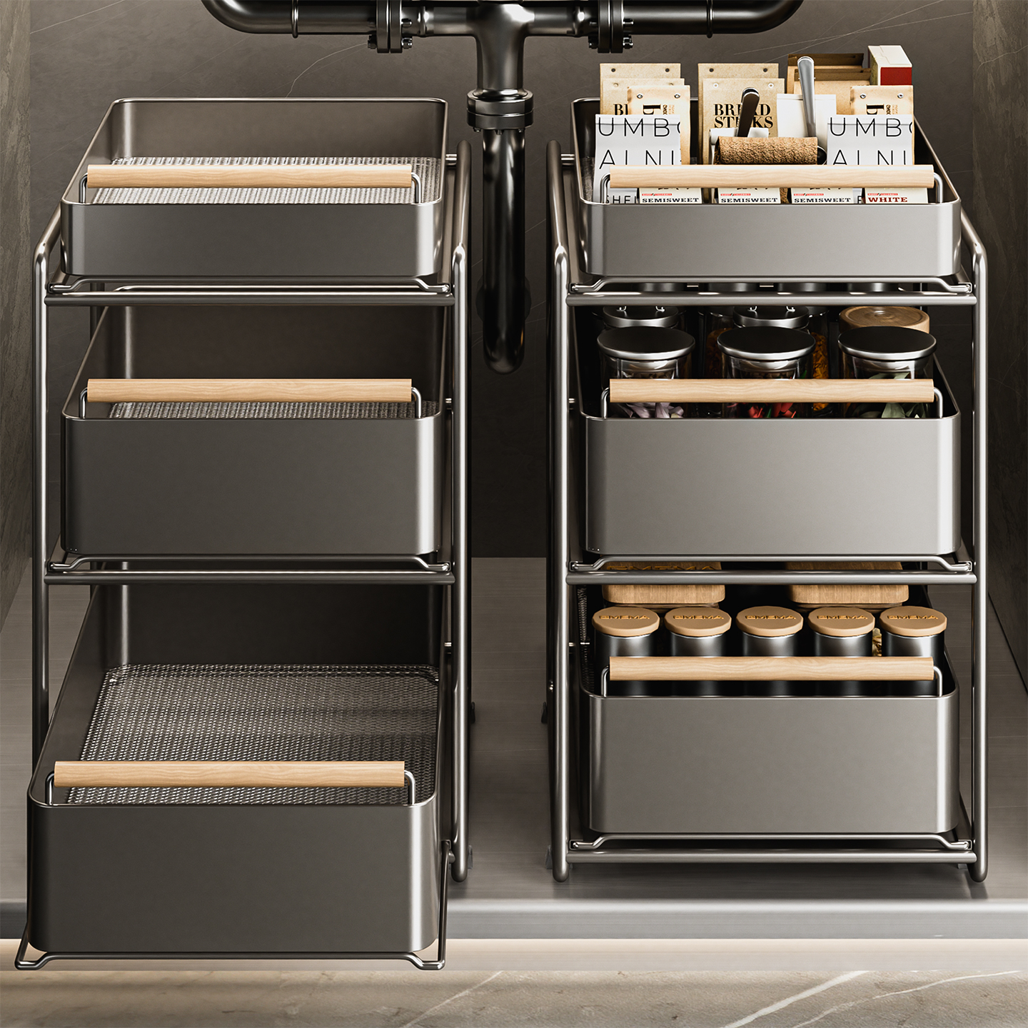 厨房抽拉式置物架整体橱柜内分层架子双层下水槽超深柜抽屉式拉篮