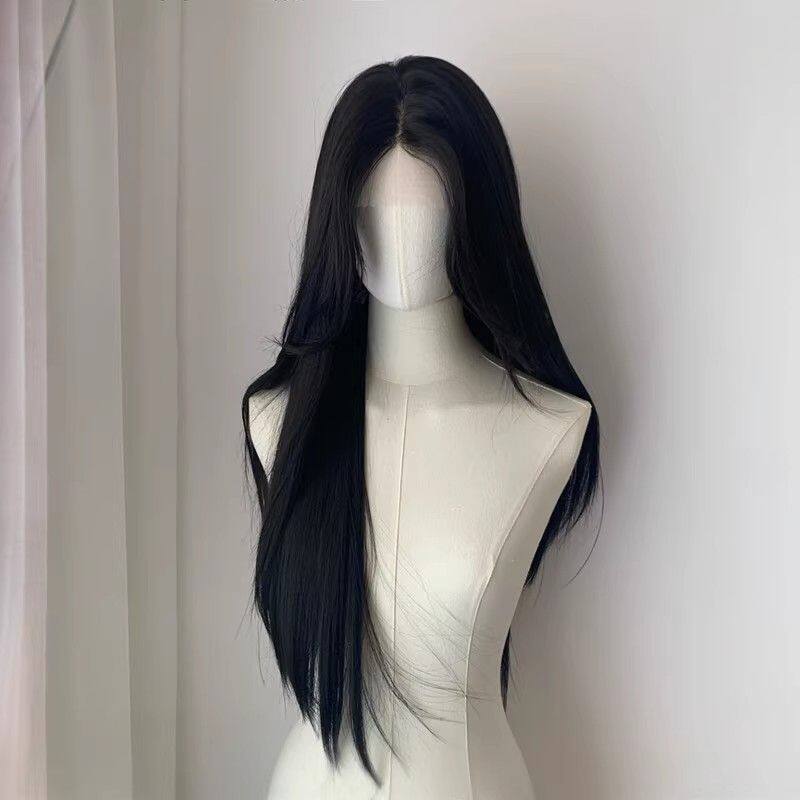 黑色假发女小额蕾丝八字刘海长直发日常万用黑长直cos手钩全头套
