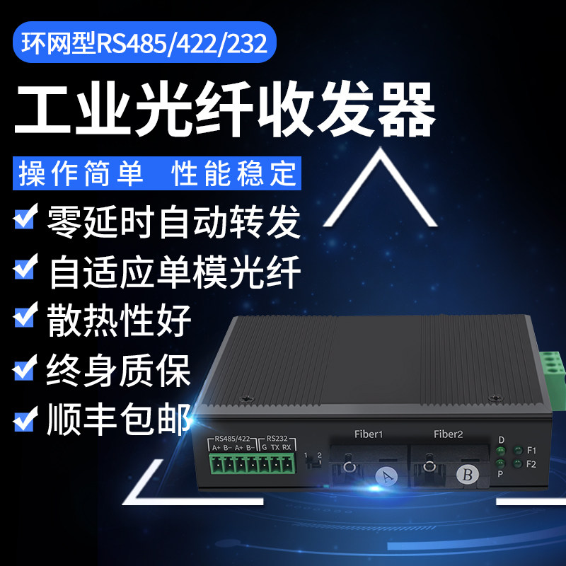 hongter 自愈环网型工业级rs485/422/232双向数据光纤收发器单纤单模