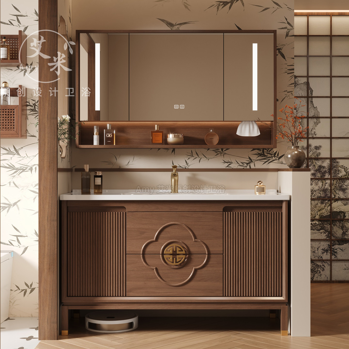 宋氏美学中古风浴室柜组合岩板陶瓷一体盆橡木落地柜卫生间洗漱台