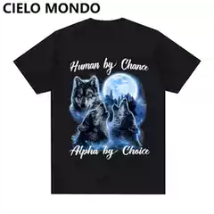 Human by Day Sigma by Night Wolf European and American Funny Wolf Pattern T-Shirt Men's Top