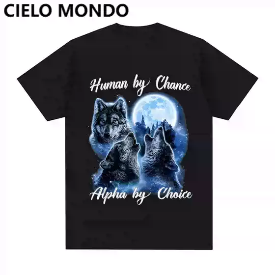 Human by Day Sigma by Night Wolf European and American Funny Wolf Pattern T-Shirt Men's Top