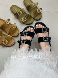 2026新款女鞋名媛丝绒水钻外穿凉拖外穿时尚百搭休闲拖鞋女