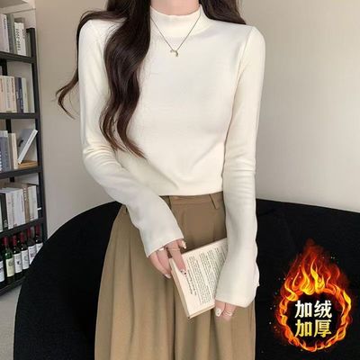 新款女士德绒加厚上衣修身内搭高领打底衫秋冬长袖可外穿纯色百搭
