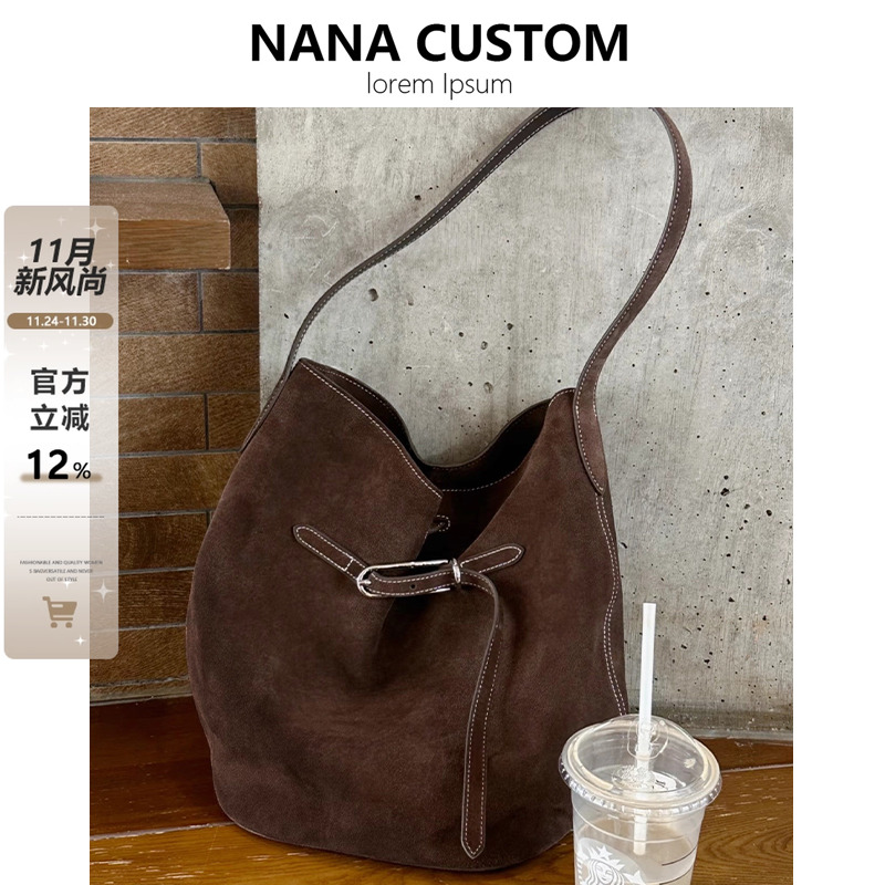 复古麂皮水桶包大容量通勤托特包