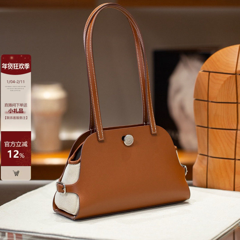 复古百搭保龄球包女腋下包高级感牛皮拼帆布托特包通勤百搭贝壳包,箱包皮具/热销女包/男包,通用款女包,淘宝优惠券,粉丝福利购,淘宝优惠卷