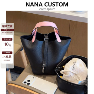 tc头层牛皮拼色菜篮子包女大容量百搭手提水桶包春夏高级感子母包