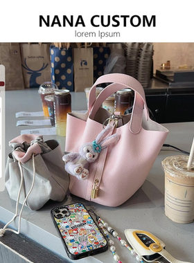 真皮粉色菜篮子包真皮水桶包包女