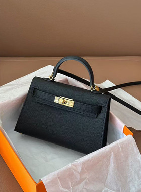 真皮黑色迷你二代凯莉包包女手提包高级感2025新款百搭单肩斜挎包