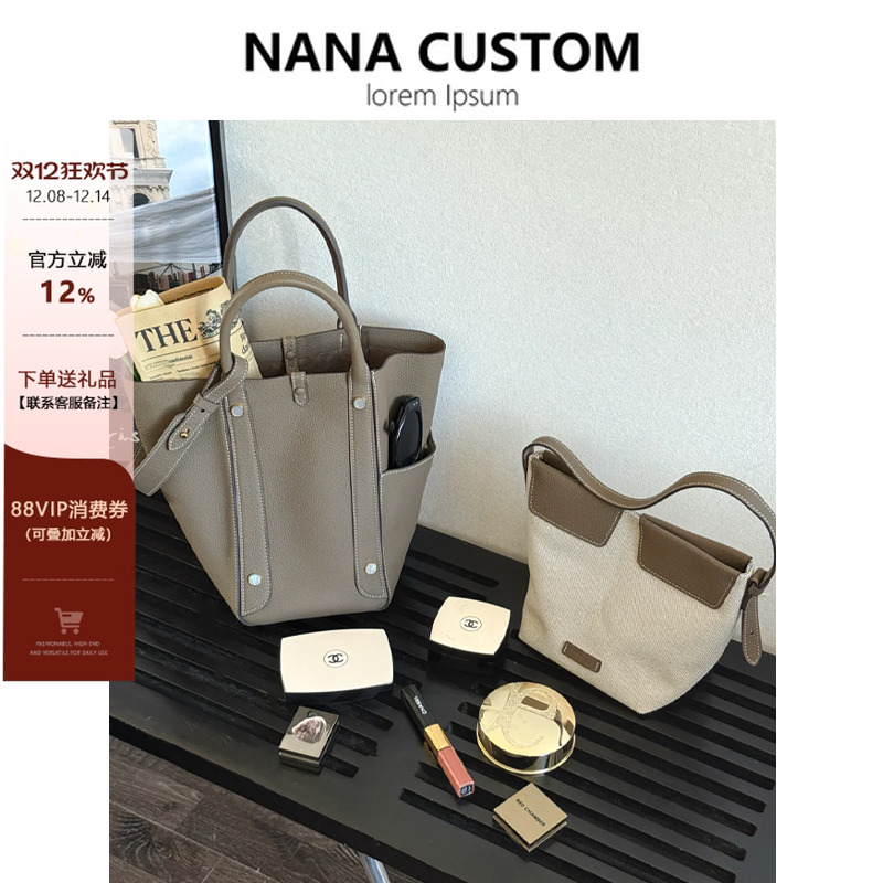 大象灰真皮水桶包大容量菜篮子包